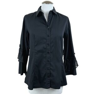 Finley Women's Black Button Down Blouse Ruffle Cuff Top Made in USA Size Small‎